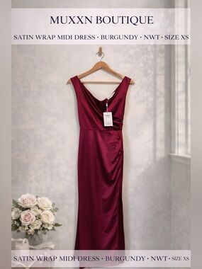 MUXXN Boutique Satin Wrap Midi Dress Burgundy NWT Size XS